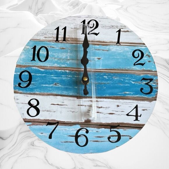 Rustic Beach-Themed Wall Clock  10” Round Distressed Wood Look Blue White Stripe - Picture 2 of 5